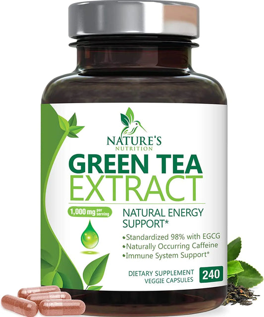 Green Tea Extract Capsules 1000mg 98% Standardized EGCG - 3X Strength for Natural Energy - Heart Support with Polyphenols - Gentle Caffeine - 240 Capsules