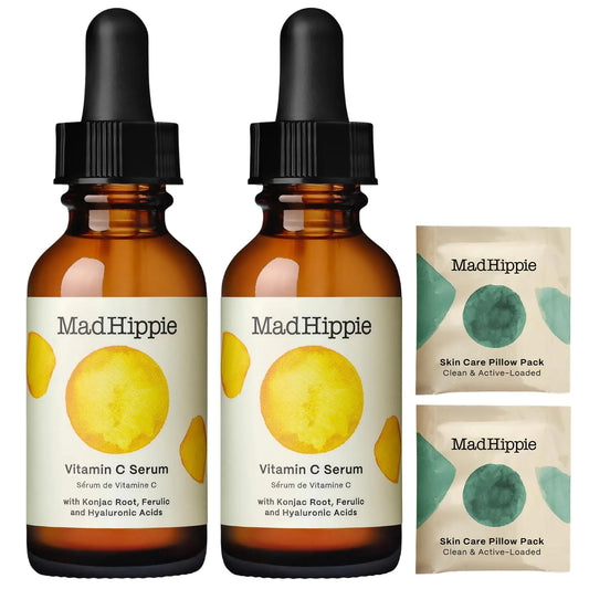 Mad Hippie Vitamin C Serum 2-Pack – Brightening Serum with Hyaluronic Acid Ferulic Acid Vitamin E 1.02 Oz Ea + Varying Pillow Packs